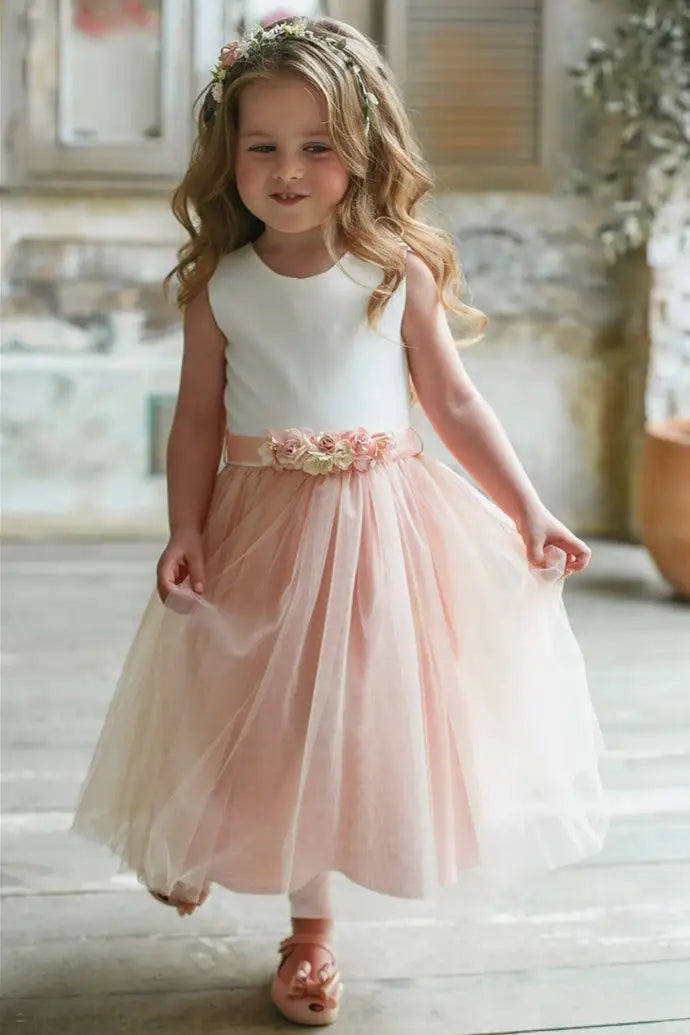 Flower Girl Dress A Line Round Neck Sleeveless Cute Chic with Floral Belt Girl Formal Dress Princess Dress