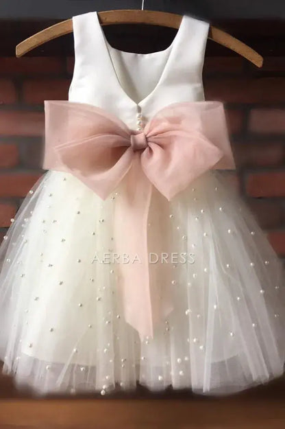Flower Girl Dress A Line Sleeveless Cute Toddler with Bowknot Beadwork Girl Formal Dress Princess Dress
