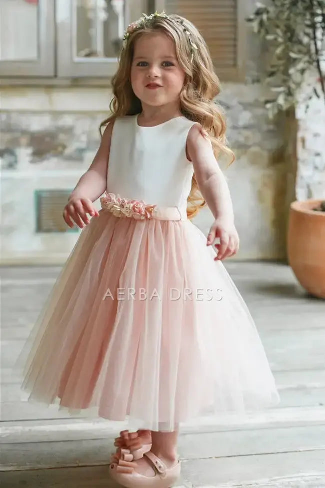 Flower Girl Dress A Line Round Neck Sleeveless Cute Chic with Floral Belt Girl Formal Dress Princess Dress