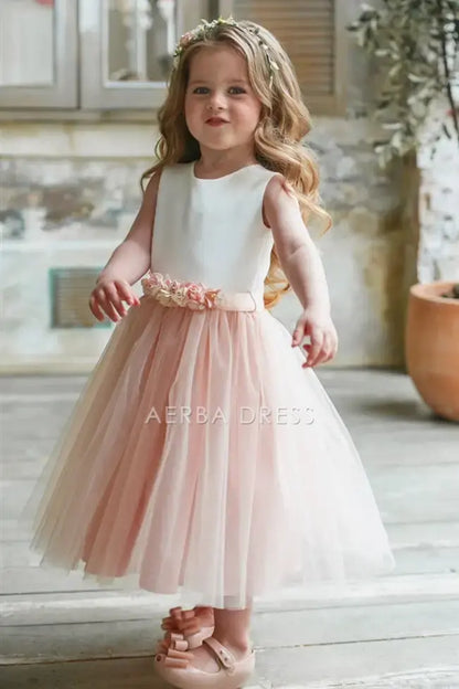 Flower Girl Dress A Line Round Neck Sleeveless Cute Chic with Floral Belt Girl Formal Dress Princess Dress