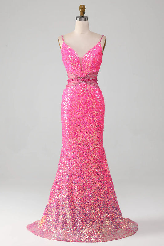 AerbaDress Hot Pink Spaghetti Straps Glitter Mermaid Prom Dress with Beading Waist