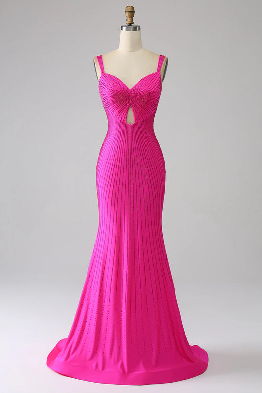 AerbaDress Sparkly Mermaid Hot Pink Prom Dress with Hollow-out