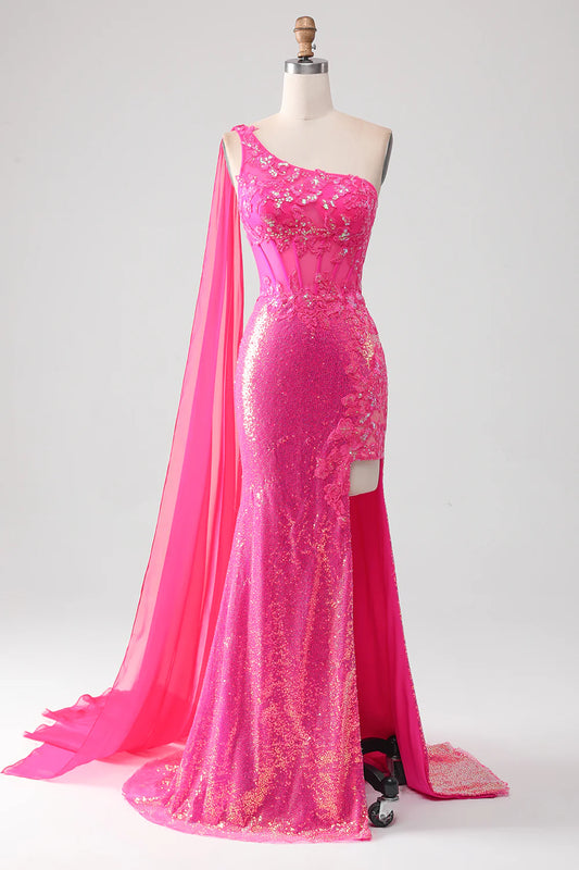AerbaDress Sparkly Fuchsia Mermaid One Shoulder Appliques Prom Dress With Slit
