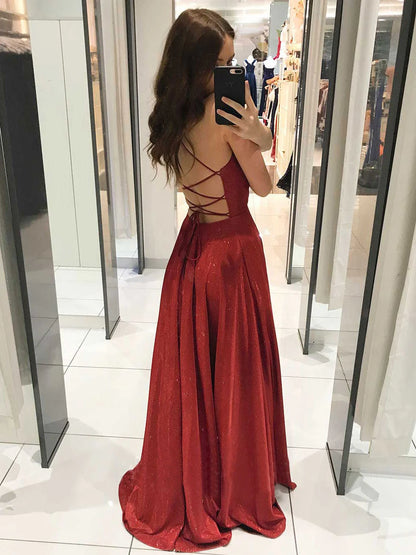 Glamorous A-Line Deep V Sleeveless Glitter Red Floor-Length Prom Dress