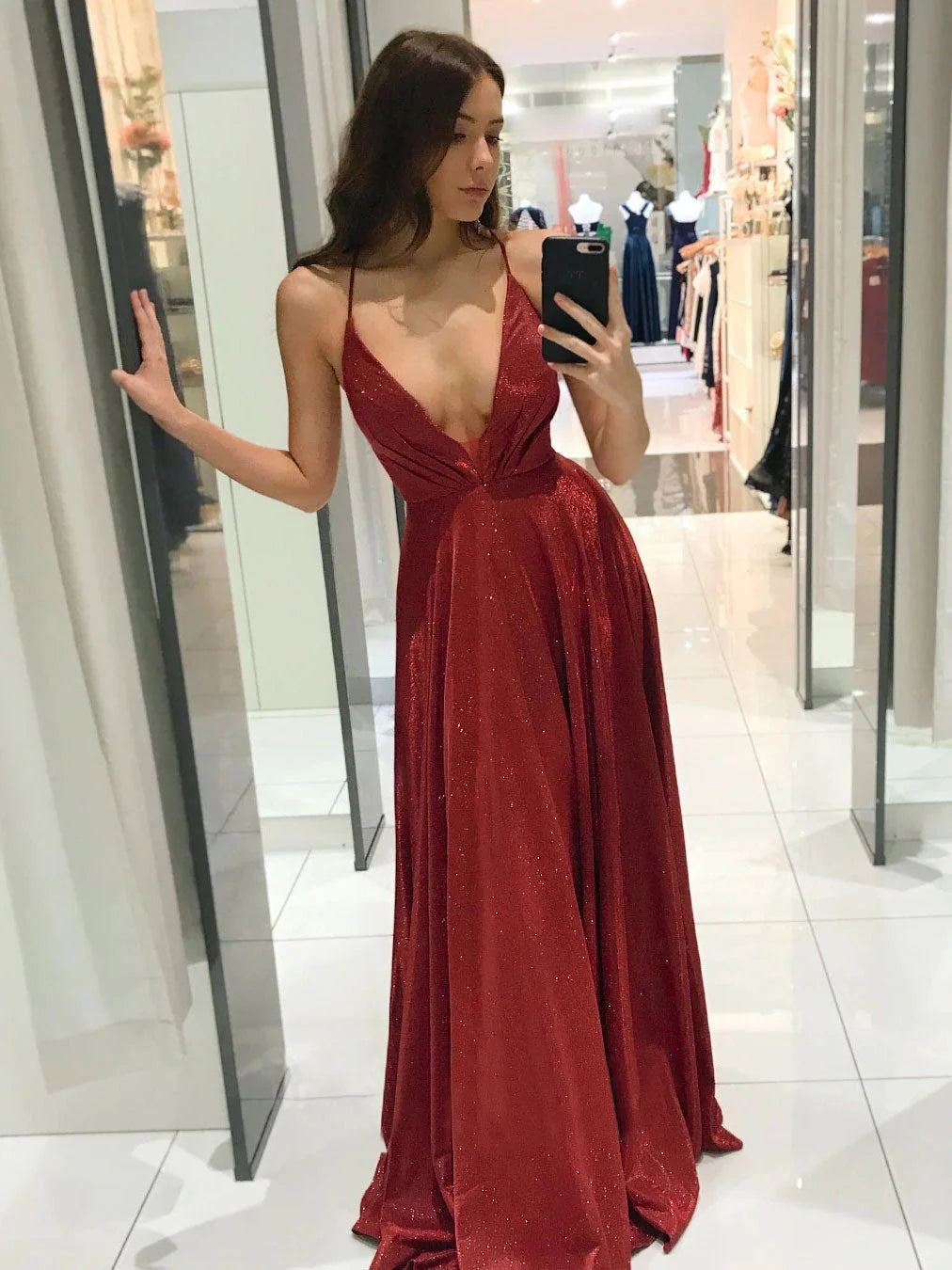 Glamorous A-Line Deep V Sleeveless Glitter Red Floor-Length Prom Dress