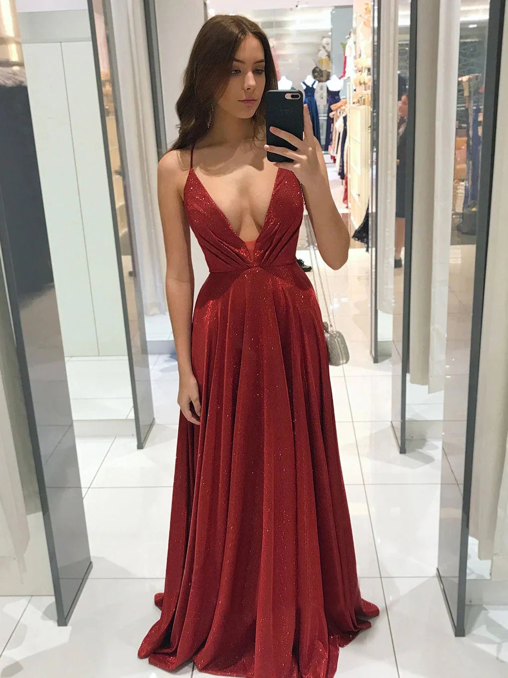 Glamorous A-Line Deep V Sleeveless Glitter Red Floor-Length Prom Dress