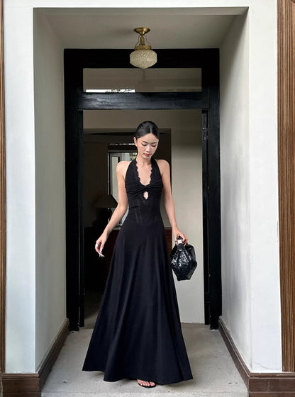 Glamorous A-Line Halter-Neck Lace-Trim Black Satin Long Evening Dresses