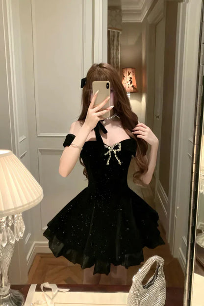 Glamorous A-Line Off-the-Shoulder  Bow-Adorned Black Velvet Homecoming Dresses