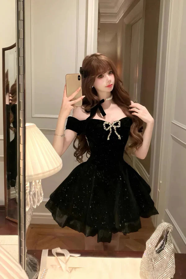 Glamorous A-Line Off-the-Shoulder  Bow-Adorned Black Velvet Homecoming Dresses