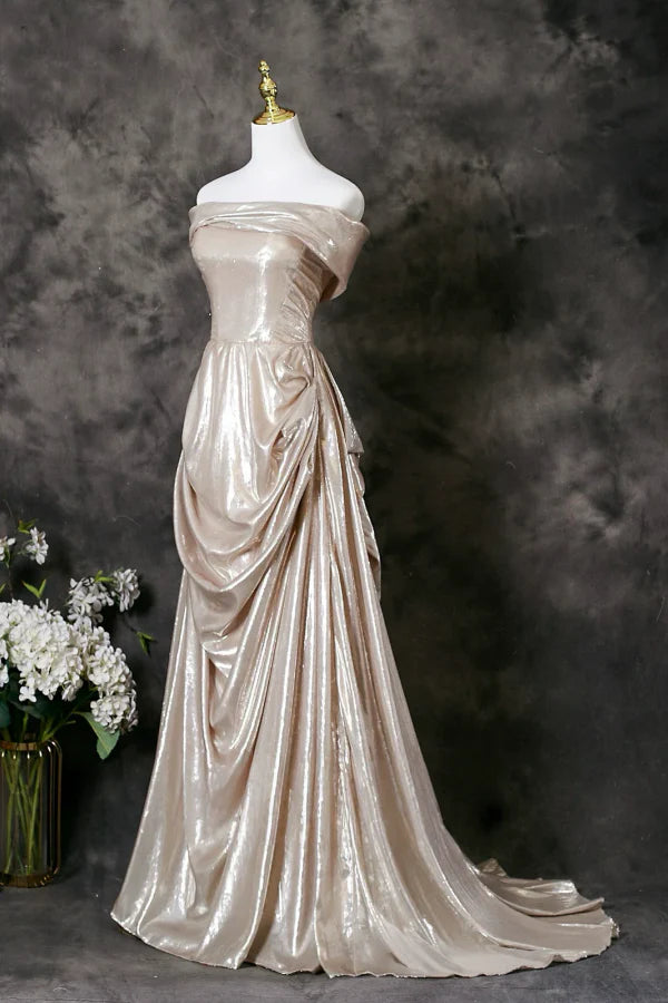 Glamorous A-Line Off-the-Shoulder Draped Champagne Metallic Long Prom Dresses