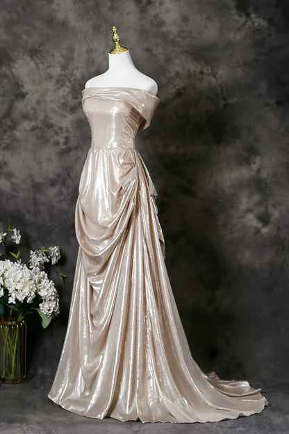 Glamorous A-Line Off-the-Shoulder Draped Champagne Metallic Long Prom Dresses
