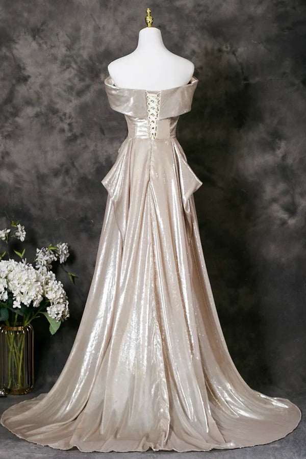 Glamorous A-Line Off-the-Shoulder Draped Champagne Metallic Long Prom Dresses