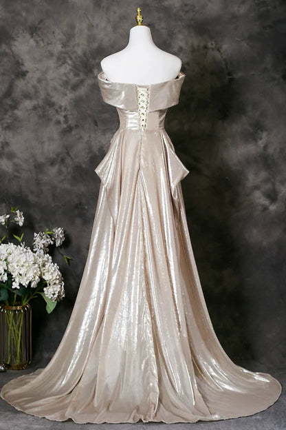 Glamorous A-Line Off-the-Shoulder Draped Champagne Metallic Long Prom Dresses