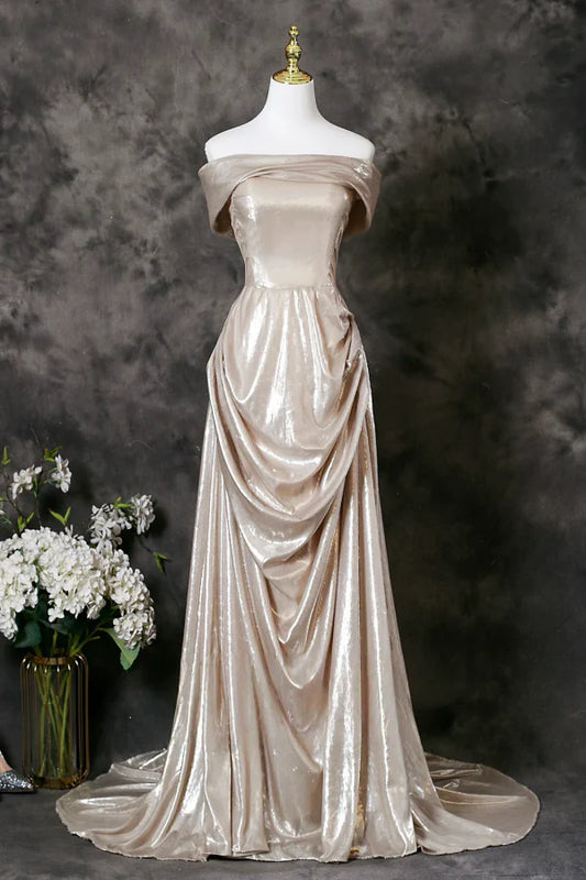Glamorous A-Line Off-the-Shoulder Draped Champagne Metallic Long Prom Dresses