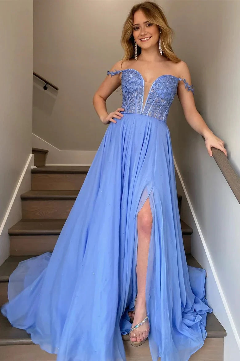 Glamorous A-Line Off-the-Shoulder Lace Blue Floor-Length Prom Dress