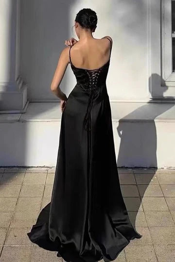 Glamorous A-Line Spaghetti Strap Lace-Up Black Floor-Length Prom Dress