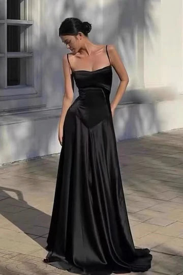 Glamorous A-Line Spaghetti Strap Lace-Up Black Floor-Length Prom Dress
