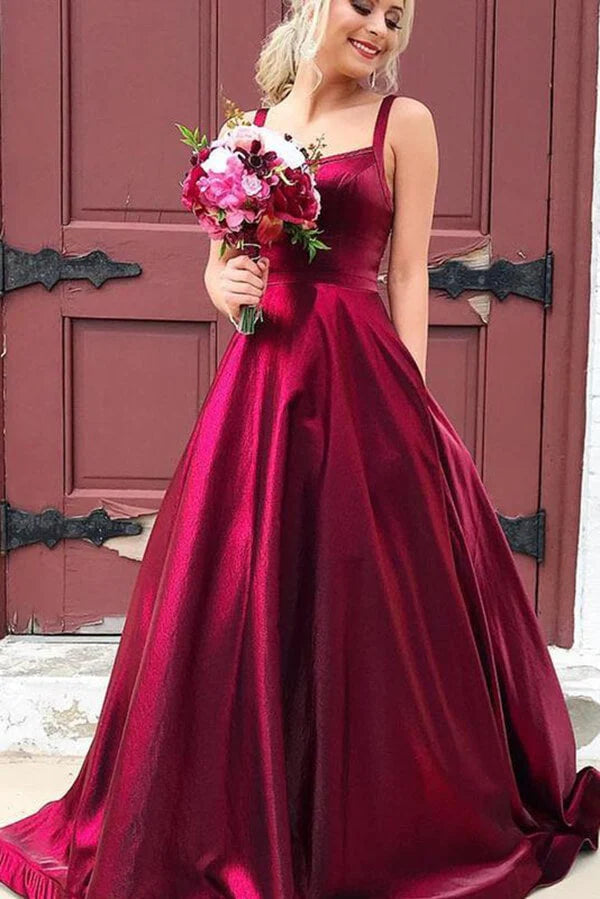 Glamorous A-Line Square Neck Satin Burgundy Floor-Length Evening Dress