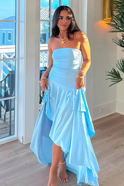 Glamorous A-Line Strapless Ruffled Light Blue High-Low Party Dress