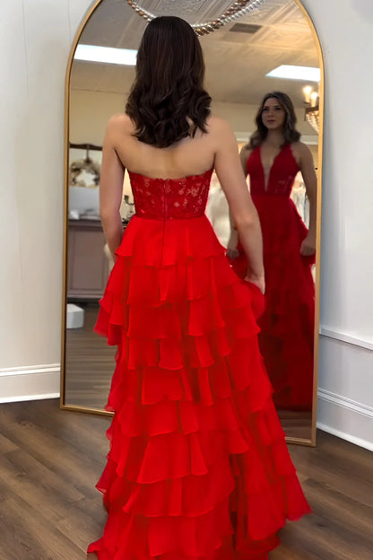 Glamorous A Line Halter Sleeveless Ruffled Red Floor-Length Prom Dress