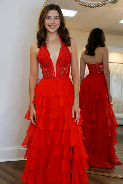 Glamorous A Line Halter Sleeveless Ruffled Red Floor-Length Prom Dress