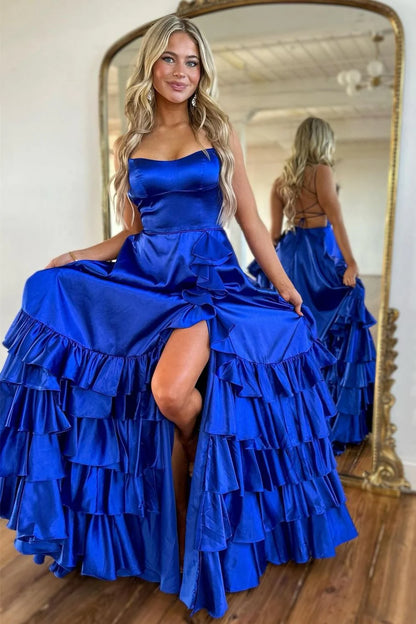 Glamorous A Line Square Neck Ruffled Royal Blue Floor-Length Prom Dress