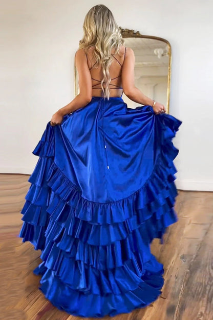 Glamorous A Line Square Neck Ruffled Royal Blue Floor-Length Prom Dress