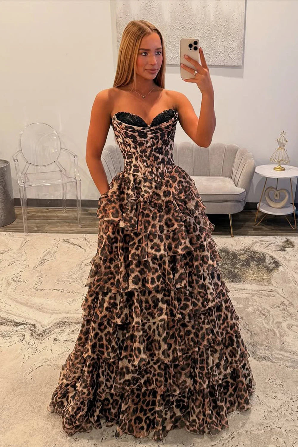 Glamorous A Line Strapless Ruffled Leopard Floor-Length Prom Dress