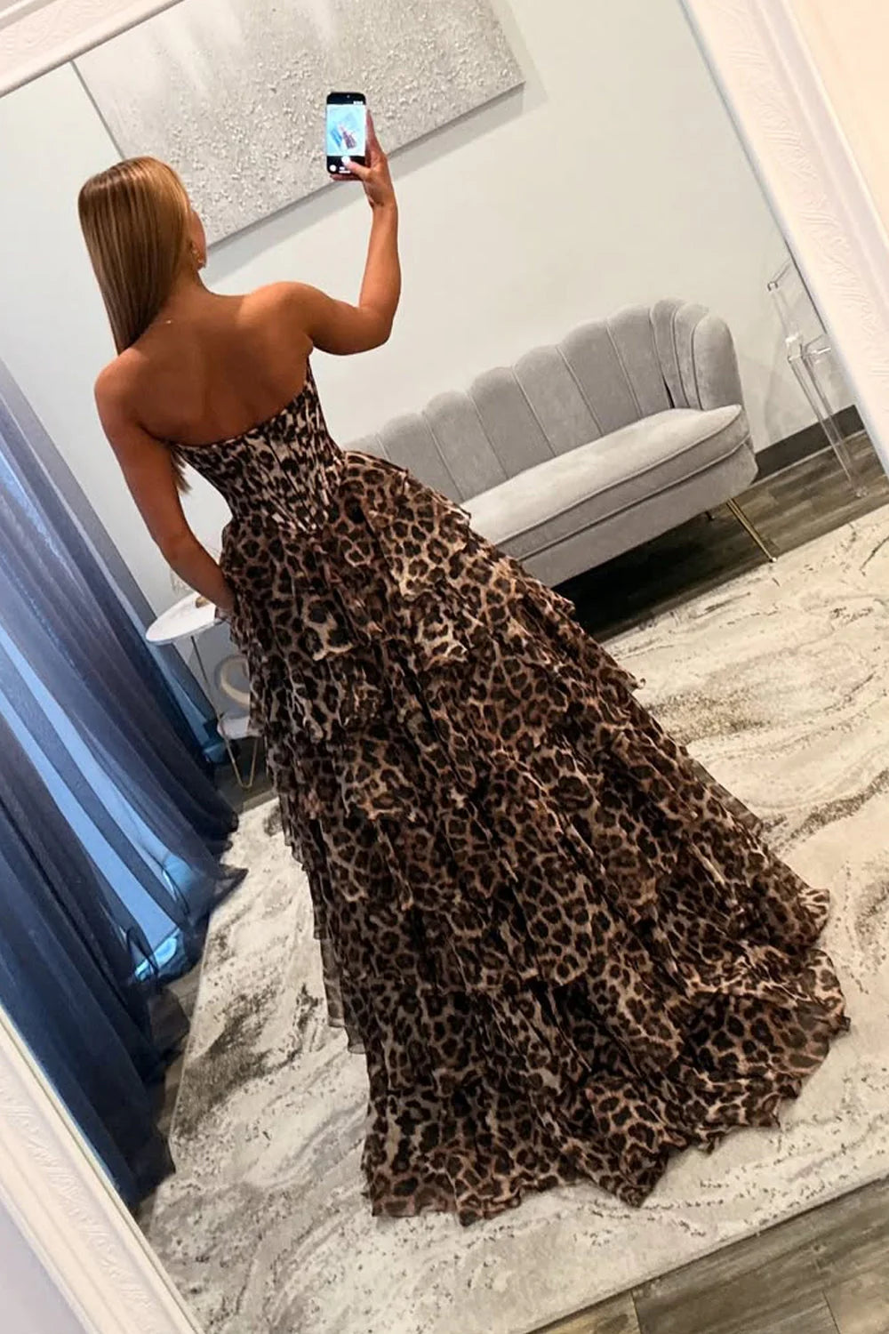 Glamorous A Line Strapless Ruffled Leopard Floor-Length Prom Dress