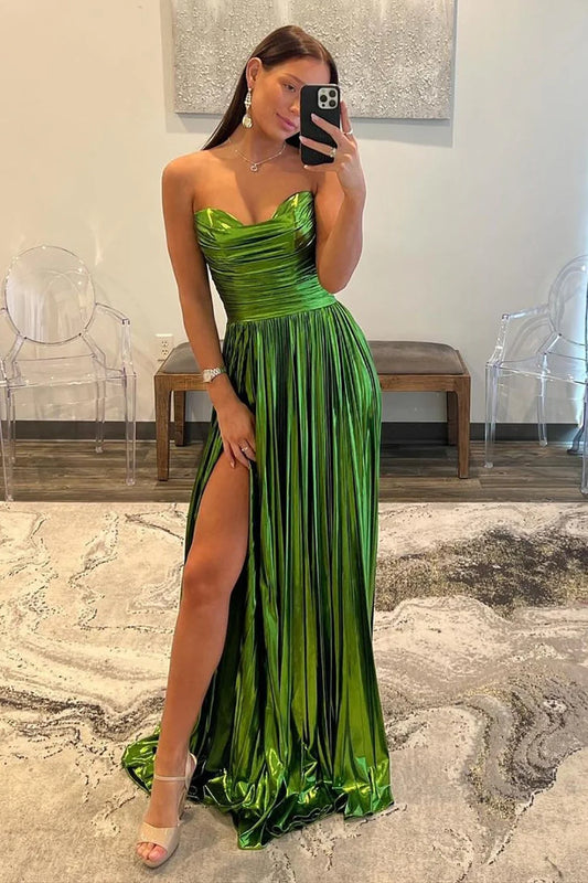Glamorous A Line Sweetheart Strapless Metallic Green Floor-Length Prom Dress