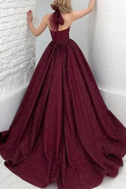 Glamorous Halter Neck Glittery Burgundy Train-length Prom Dress