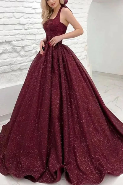 Glamorous Halter Neck Glittery Burgundy Train-length Prom Dress