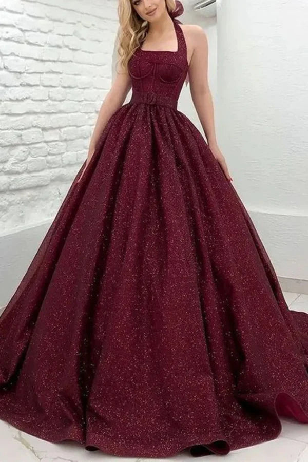 Glamorous Halter Neck Glittery Burgundy Train-length Prom Dress