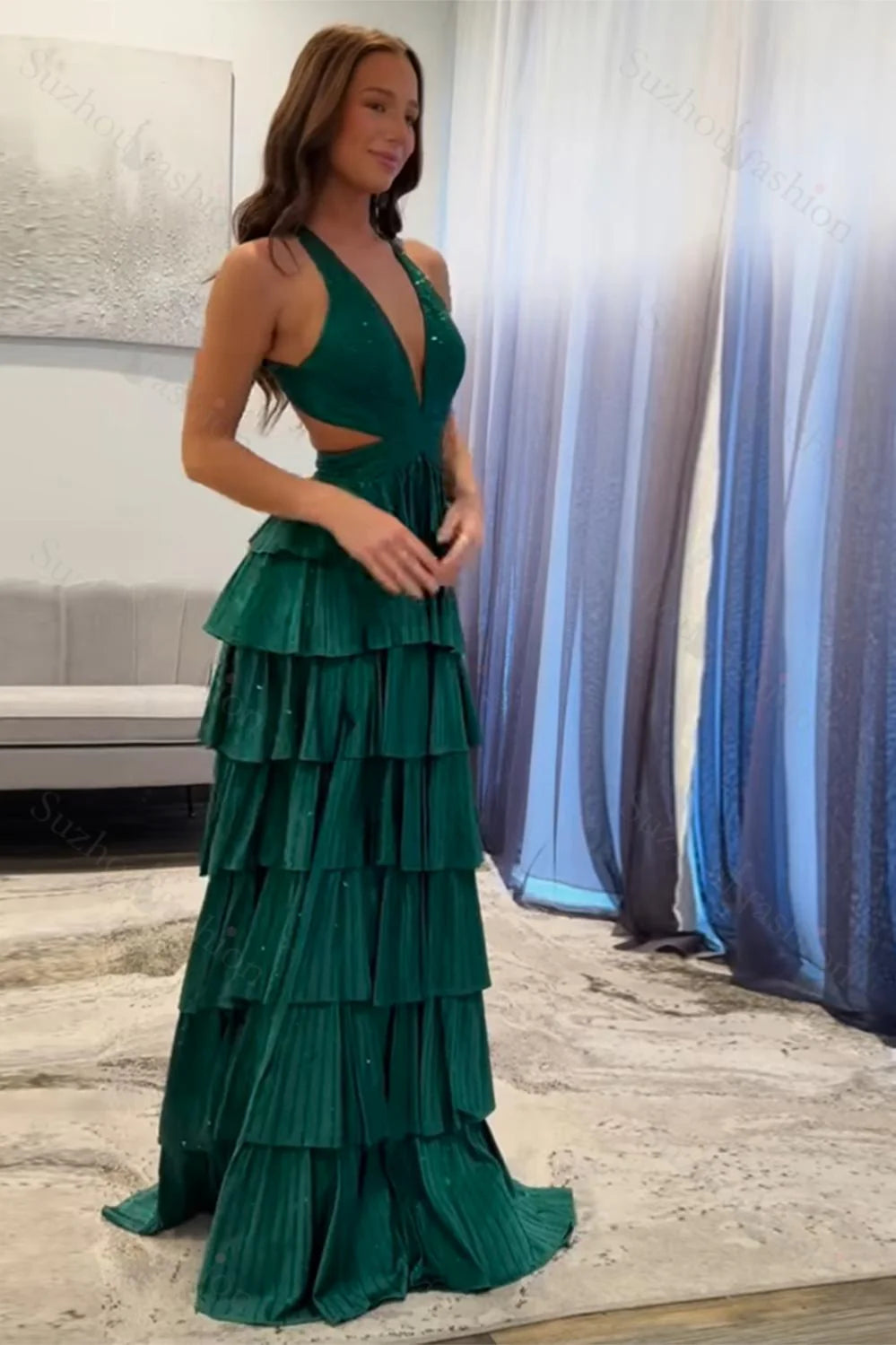 Glamorous Halter Sleeveless Tiered Emerald Green Floor-Length Prom Dress