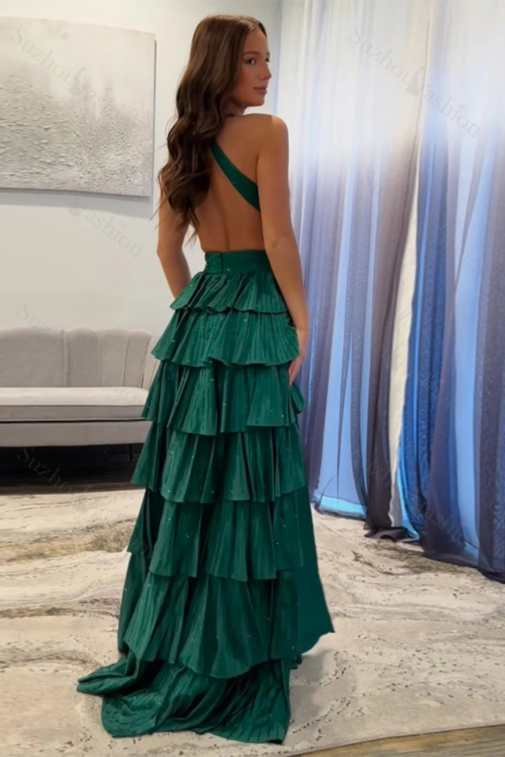 Glamorous Halter Sleeveless Tiered Emerald Green Floor-Length Prom Dress