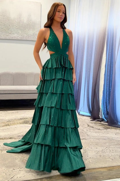 Glamorous Halter Sleeveless Tiered Emerald Green Floor-Length Prom Dress