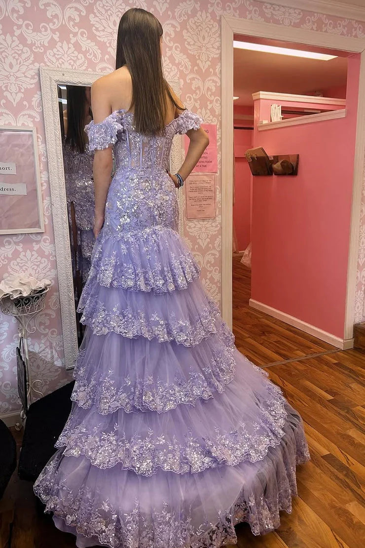 Glamorous Lavender Ruffled Mermaid Off-Shoulder Prom Dress