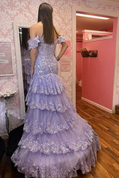 Glamorous Lavender Ruffled Mermaid Off-Shoulder Prom Dress