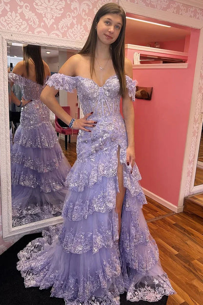 Glamorous Lavender Ruffled Mermaid Off-Shoulder Prom Dress