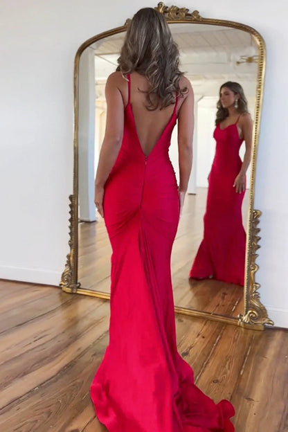 Glamorous Mermaid Cowl Neck Ruched Red Floor-Length Prom Dress
