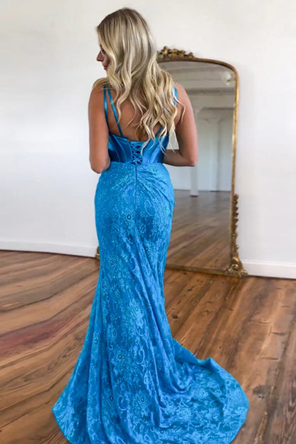Glamorous Mermaid Deep V Sleeveless Lace Blue Floor-Length Prom Dress