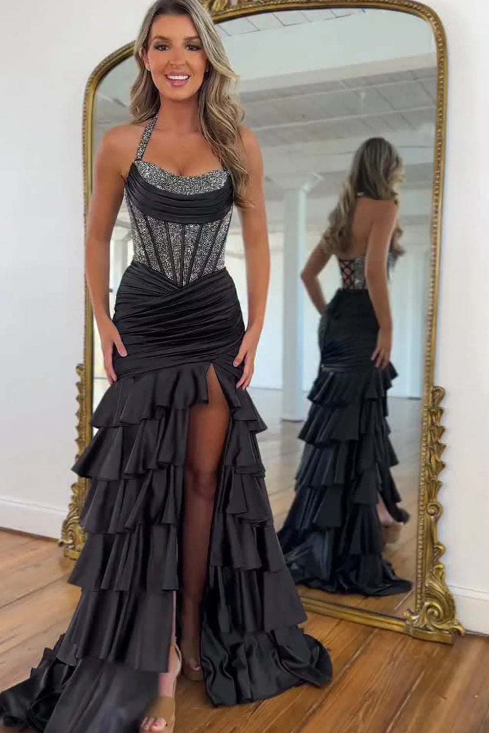 Glamorous Mermaid Halter Beaded Black Floor-Length Prom Dress