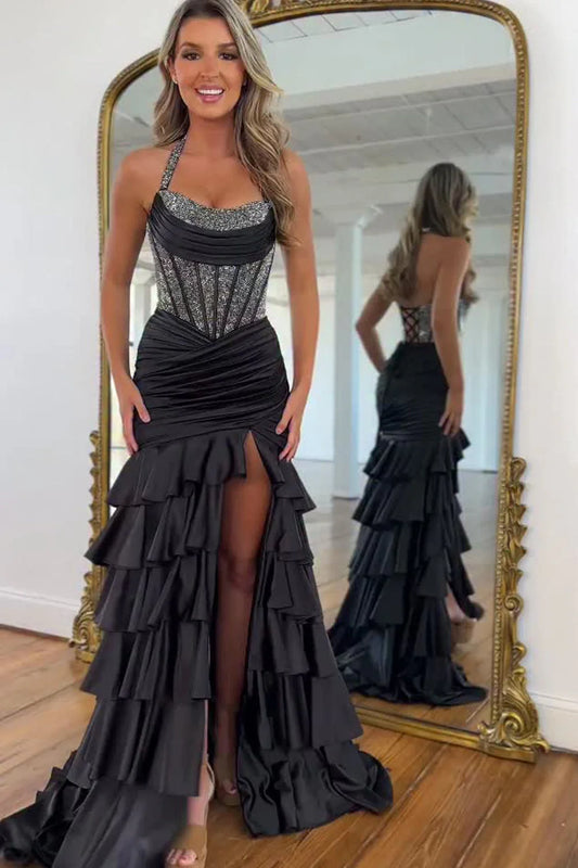Glamorous Mermaid Halter Beaded Black Floor-Length Prom Dress