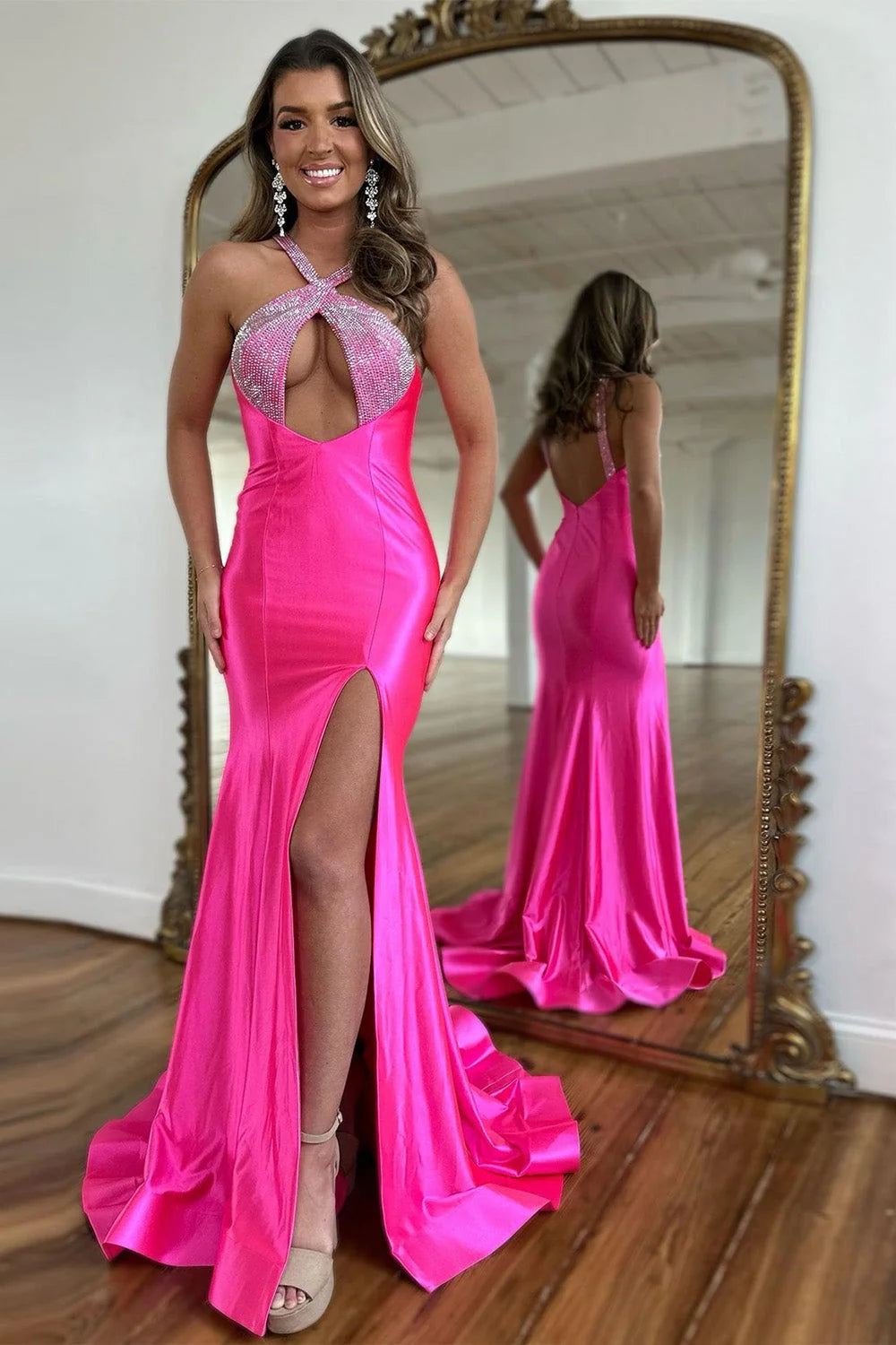 Glamorous Mermaid Halter Beaded Hot Pink Floor-Length Prom Dress