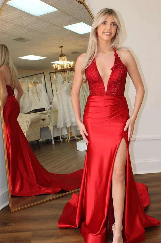 Glamorous Mermaid Halter Beaded Red Floor-Length Prom Dress