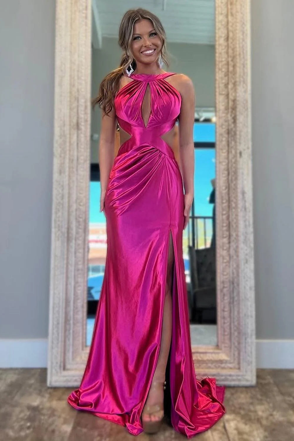 Glamorous Mermaid Halter Cutout Fuchsia Floor-Length Prom Dress