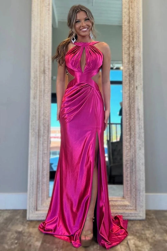 Glamorous Mermaid Halter Cutout Fuchsia Floor-Length Prom Dress