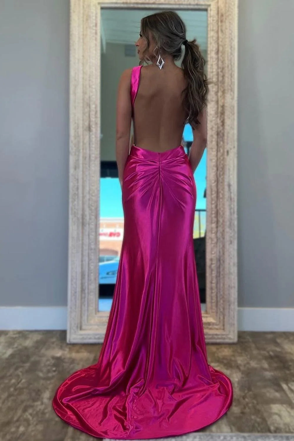 Glamorous Mermaid Halter Cutout Fuchsia Floor-Length Prom Dress