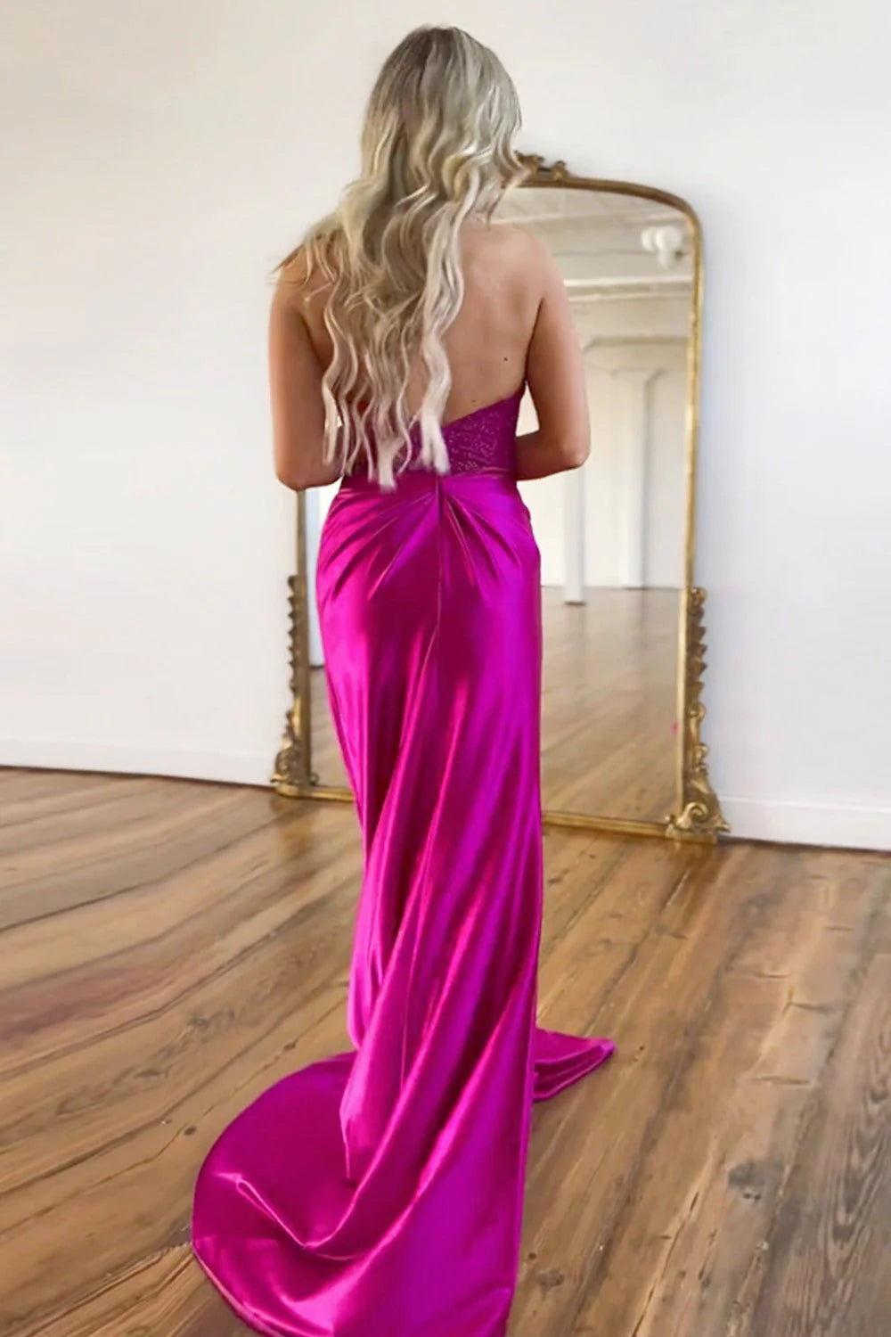 Glamorous Mermaid Halter Lace Fuchsia Floor-Length Prom Dress