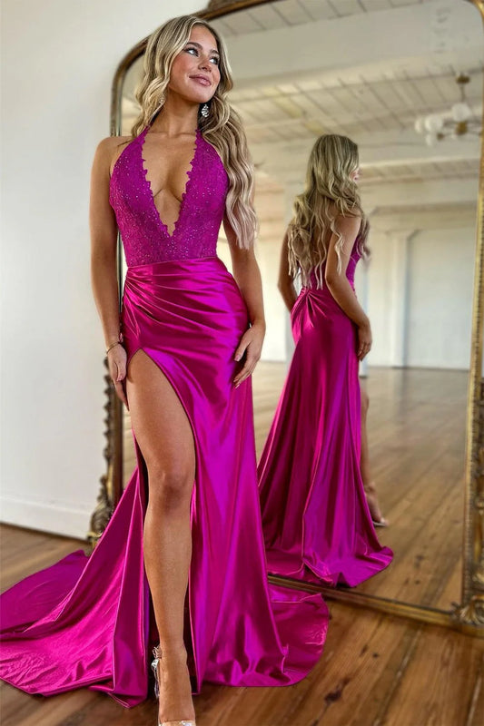 Glamorous Mermaid Halter Lace Fuchsia Floor-Length Prom Dress